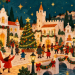 Ilustração natalícia da Aldeia Natal do Portugal dos Pequenitos, em Coimbra, com casas tradicionais, árvore de Natal e famílias.