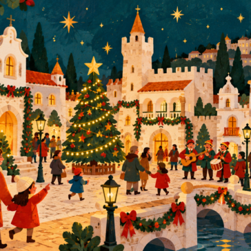 Ilustração natalícia da Aldeia Natal do Portugal dos Pequenitos, em Coimbra, com casas tradicionais, árvore de Natal e famílias.